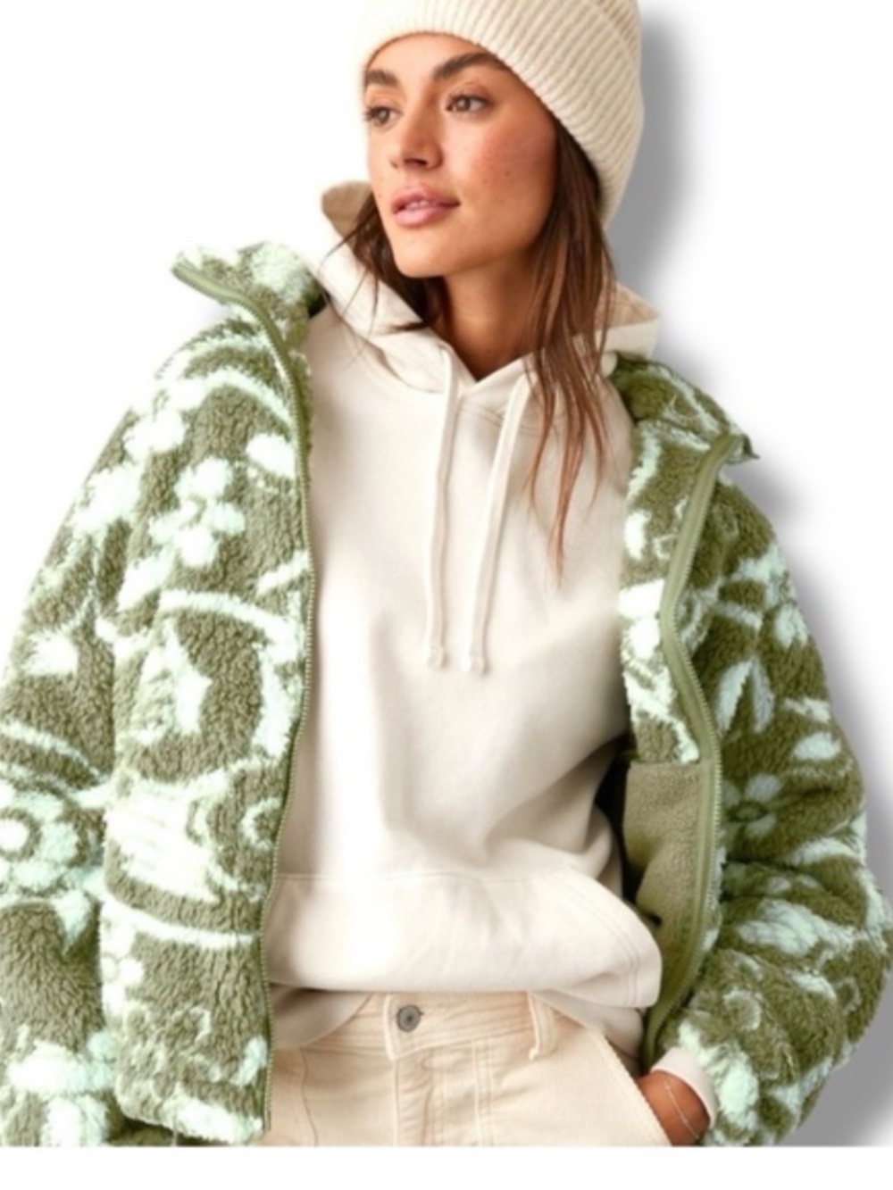 American Eagle Floral Sherpa Zip Jacket in Sage & Mint Seriously Huggable BOHO